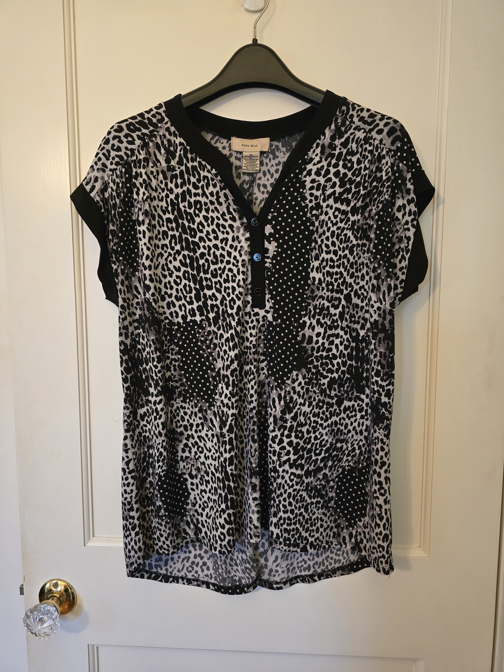 Mixed Animal Print Short Sleeve Henley Blouse in Black and White XL
